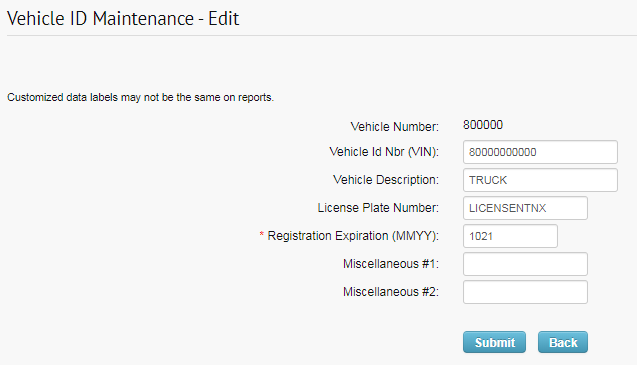 vehicle ID maintenance edit page